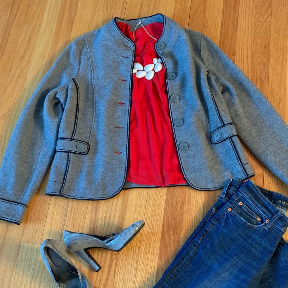 Talbots Merino Wool Gray with Black Trim Jacket